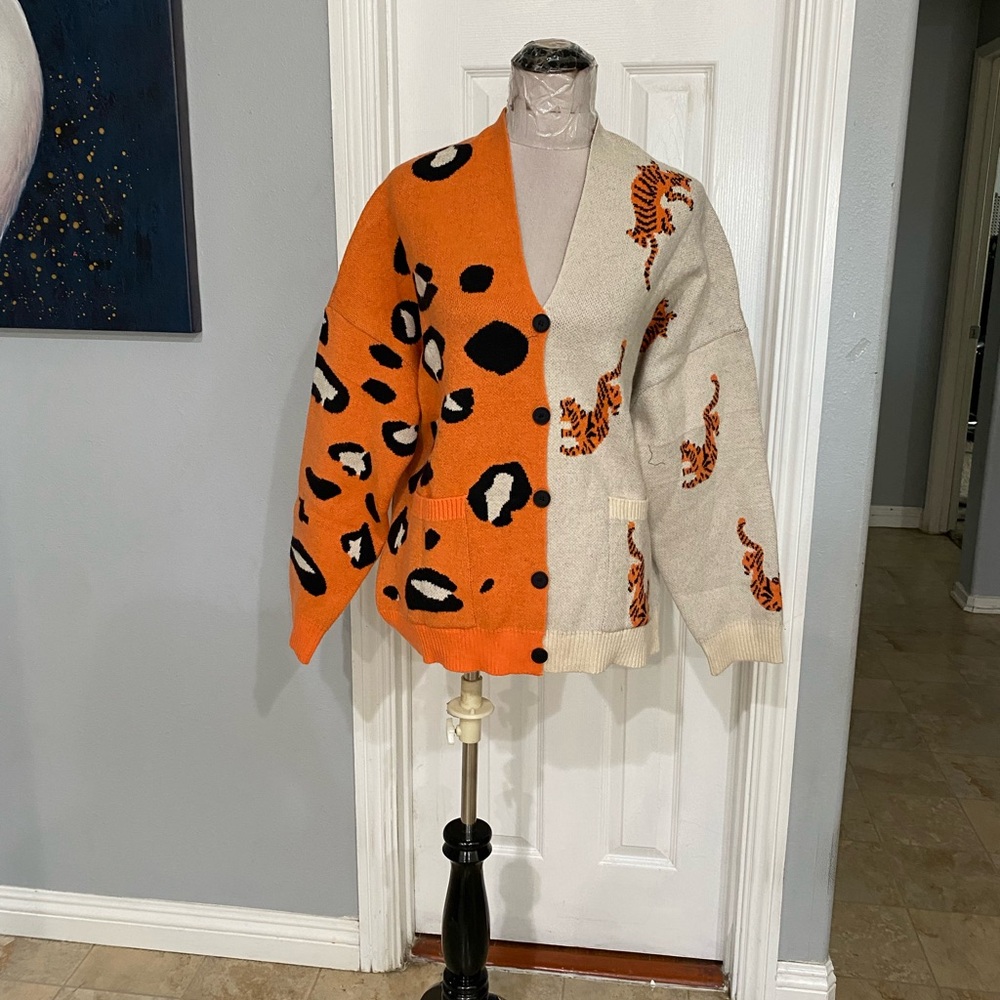 New Women Large Leopard Tiger Print Color Block Cardigan